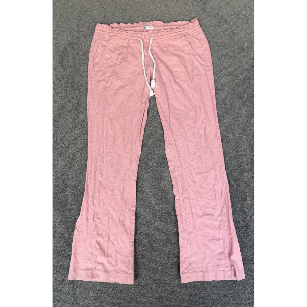 Roxy Pink Linen Blend Smocked Waist Flare Beach Pants Medium